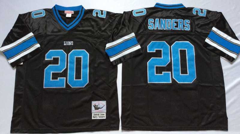 Lions 20 Barry Sanders Black M&N Throwback Jersey
